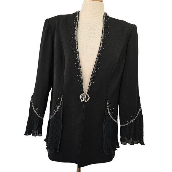 90s Carissmo Black Beaded Evening Jacket Women 10 Embellished Clasp Close V Neck - Picture 1 of 12